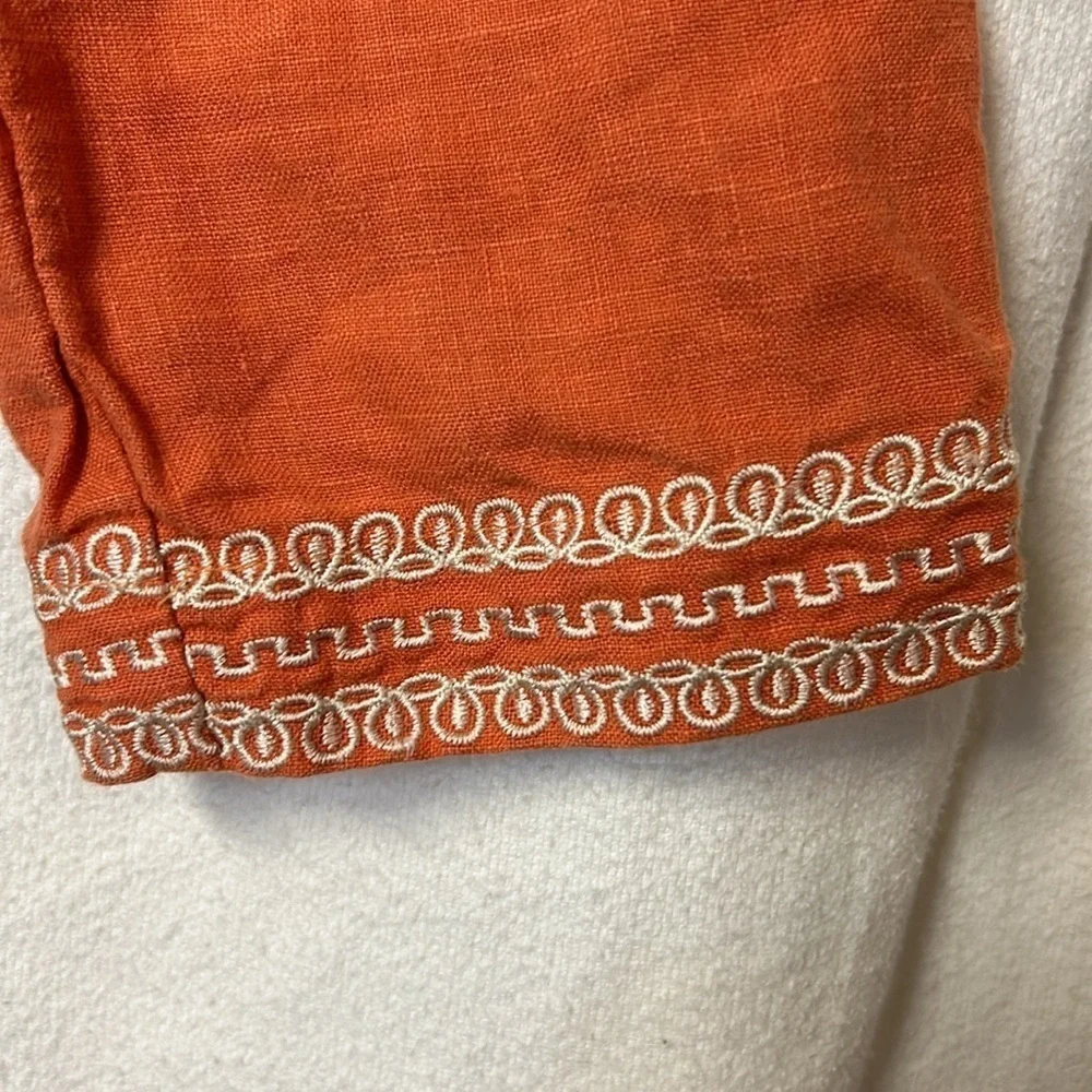 ISHYU Women’s 100% Linen Tunic Top Plus Size 1X Orange With Embroidered Trim